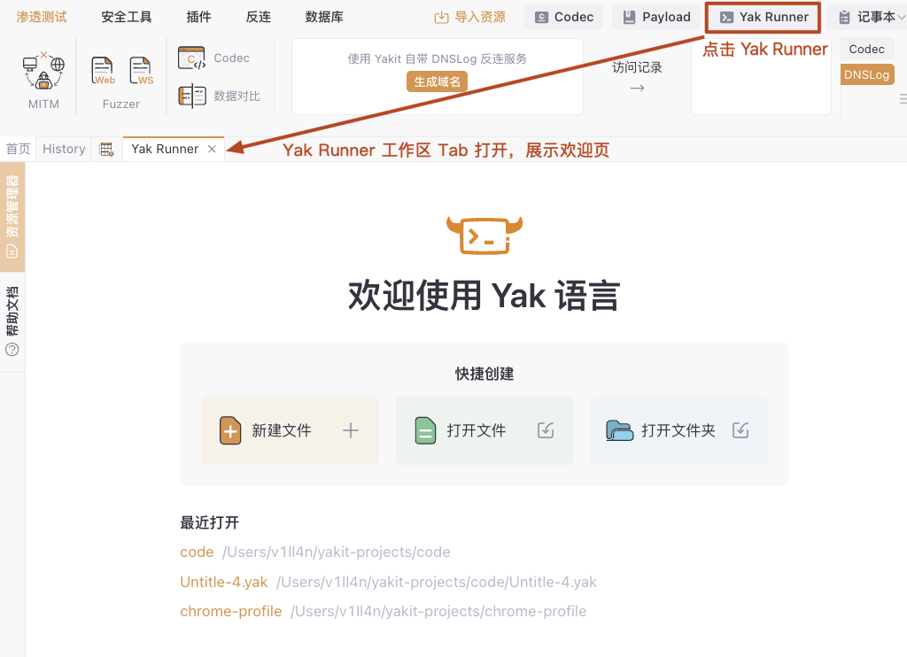 Yak Runner 工作区 Tab 打开后的欢迎界面